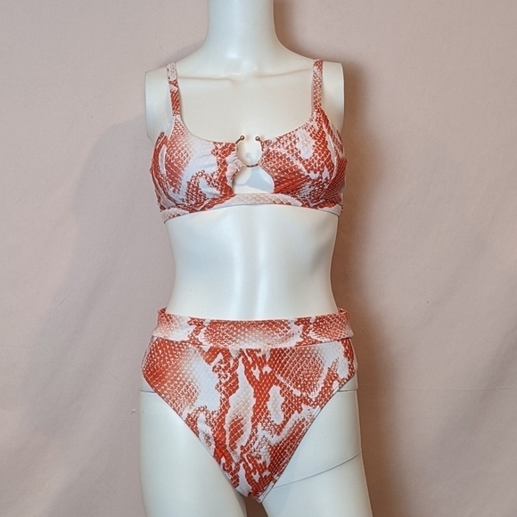 Red Snakeskin Print Bikini Set with Rose Gold Ring Hardware Design size Medium - Picture 1 of 3